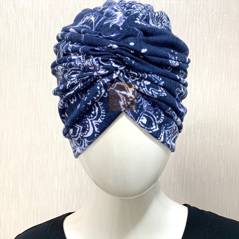 Turban Hijab Instan Instant QQinian Wanita Dewasa Fashion Muslim BiruDongker BungaEtnik Putih Grosir