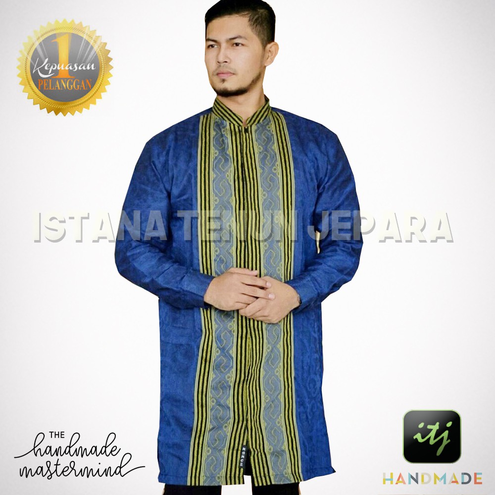 Atasan Muslim Pria / Baju Koko Lengan Panjang Biru / Kemeja Tenun Troso