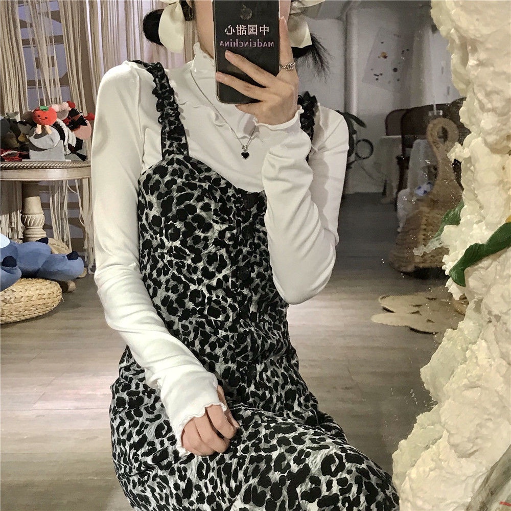 Musim Gugur Gaya Korea Chic Retro Skema Slim Macan Tutul Cetak Suspender Gaun Wanita + Setengah Turt