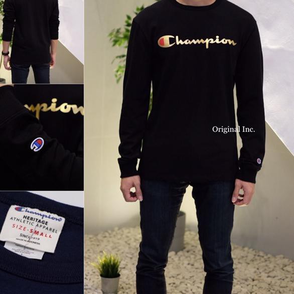 champion heritage long sleeve tee with gold script