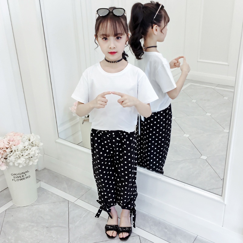 Stok bersih！ 3-13T Setelan Anak Perempuan Cewek Kaos Back Bowknot Warna Solid Lucu + Set Celana Hitam Dot Bandage