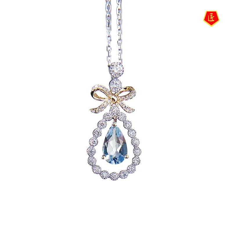 [Ready Stock]Bow Aquamarine Pendant 18K Gold Zircon Necklace Elegant Graceful