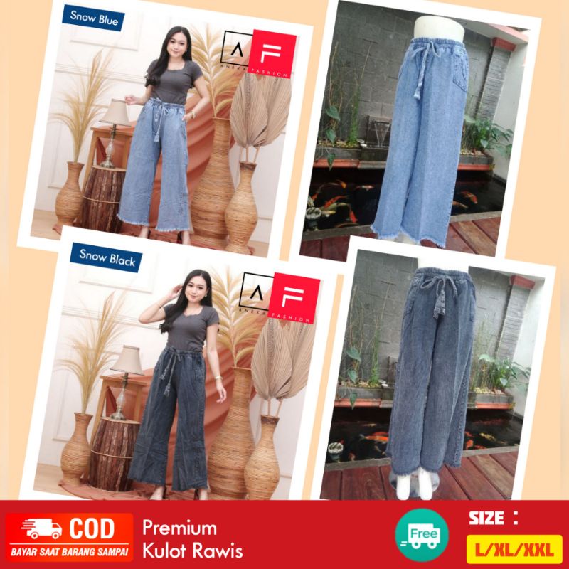 CELANA WANITA KULOT JEANS RAWIS HIGHWAIST SNOW PREMIUM PINGGANG FULL KARET - TALI SERUT