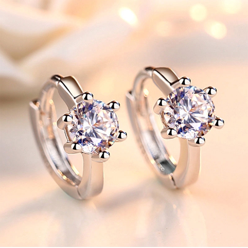 925 Sterling Silver Earrings, Six Claw Zircon Heart  Round Stud Earrings