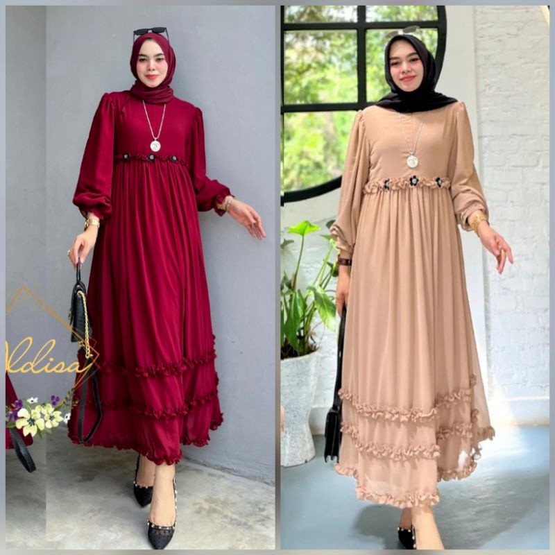 Fuyumi Midi Dress By Aldisa Original Ceruty Babydoll Kombinasi Rempel Terbaru Long Dres Remaja Musli