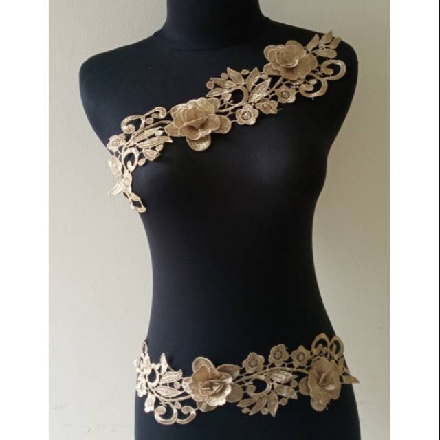 Renda bordir Fedora, renda bordir 3D warna emas