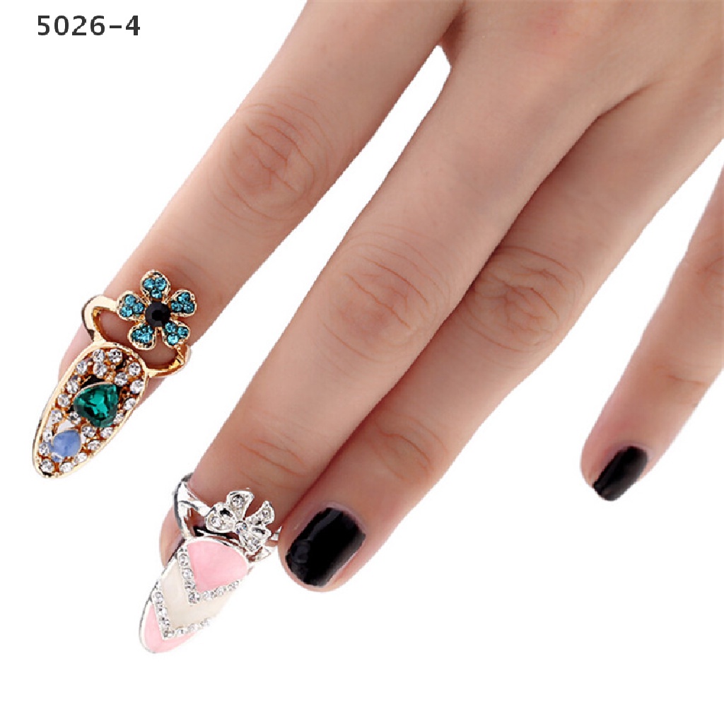 5026-4 Women Elegant Bowknot Nail Ring Charm Crown Flower Crystal Finger Nail Rings 5026-4