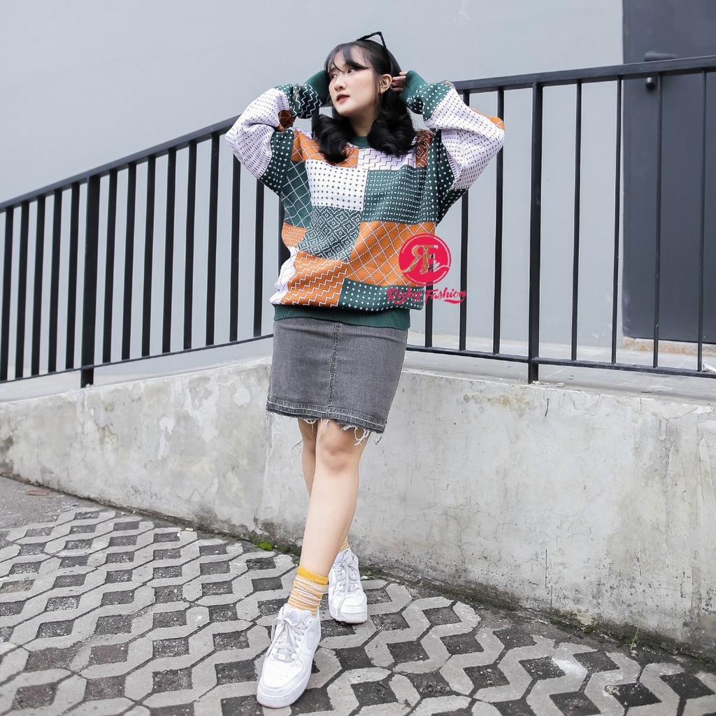 Sweater crewneck sashiko pattern rajut sweater