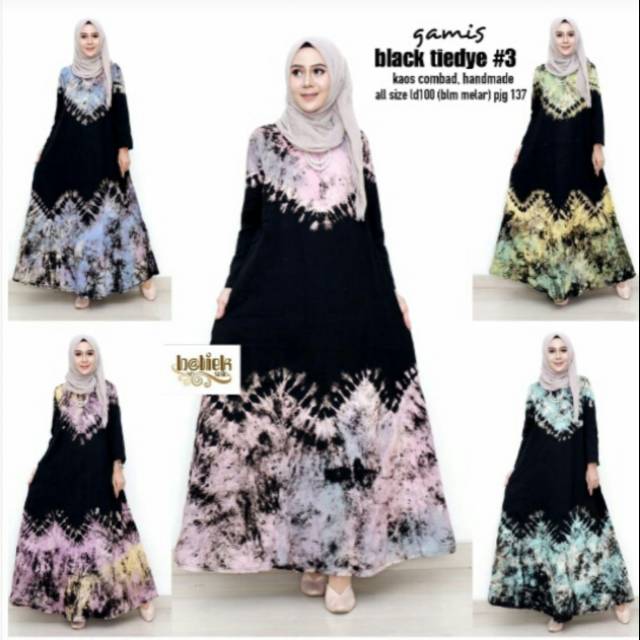 Gamis kaos hitam pelangi resleting depan