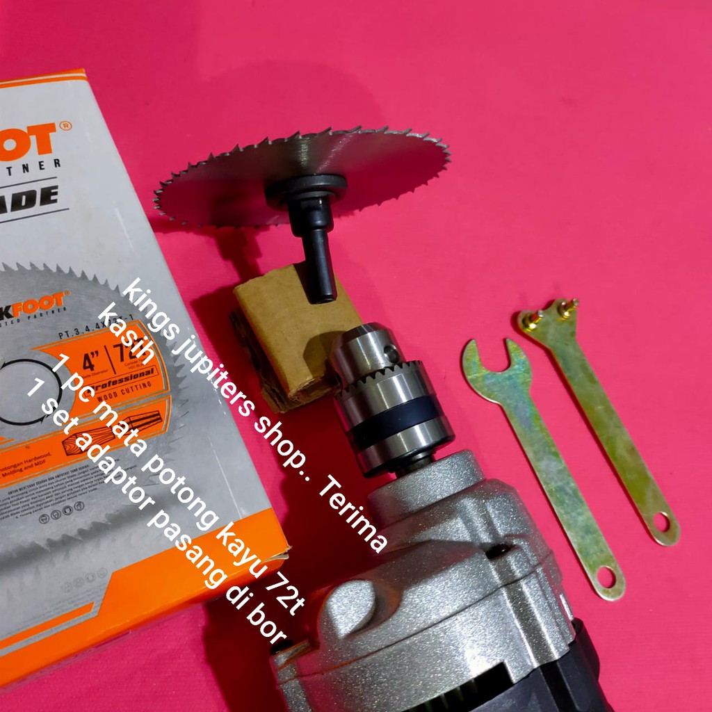 Adaptor Dudukan Bor Jadi Gerinda dengan Mata Potong Kayu 72T dan Keramik 4 Inci