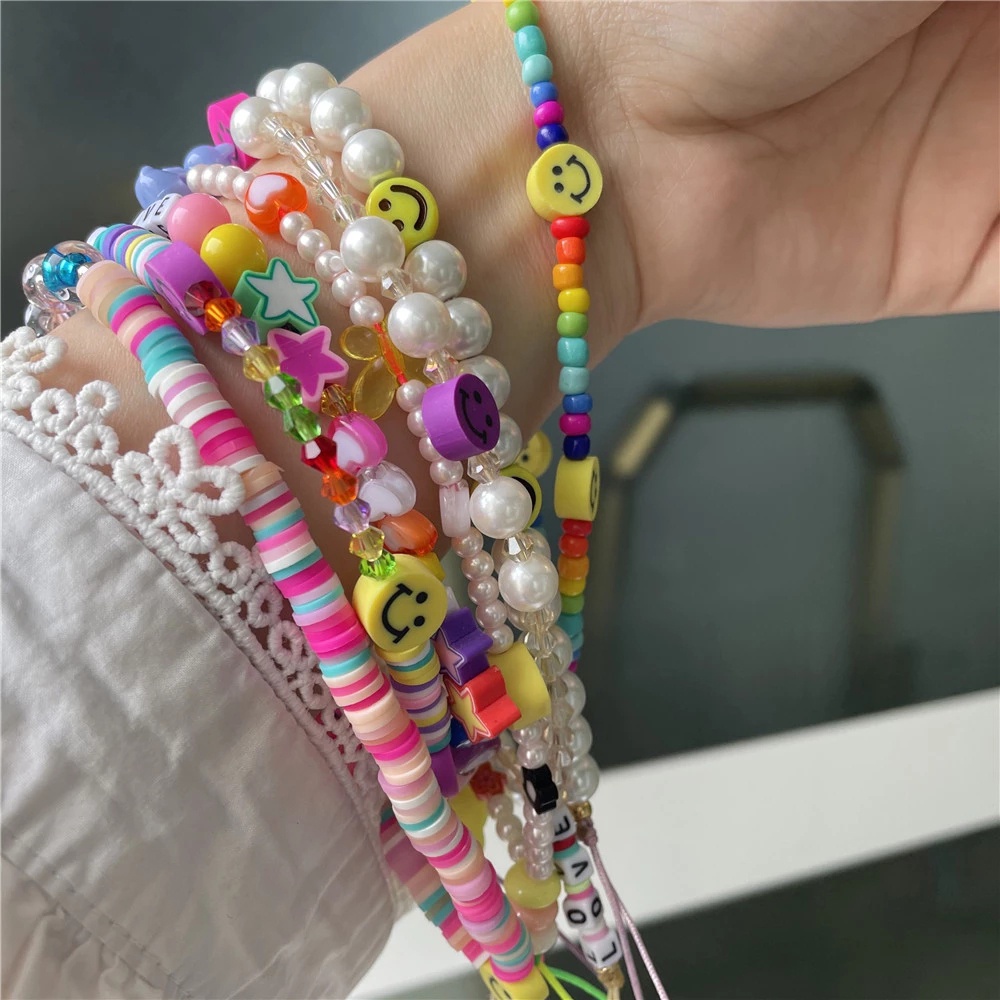 QUINTON Ins Trendy Mobile Phone Straps Colorful Soft Pottery Rope Cell Phone Lanyard Mobile Phone Chain Pearl Anti-Lost Acrylic Bead Smile Handmade Smiling Beads Chain