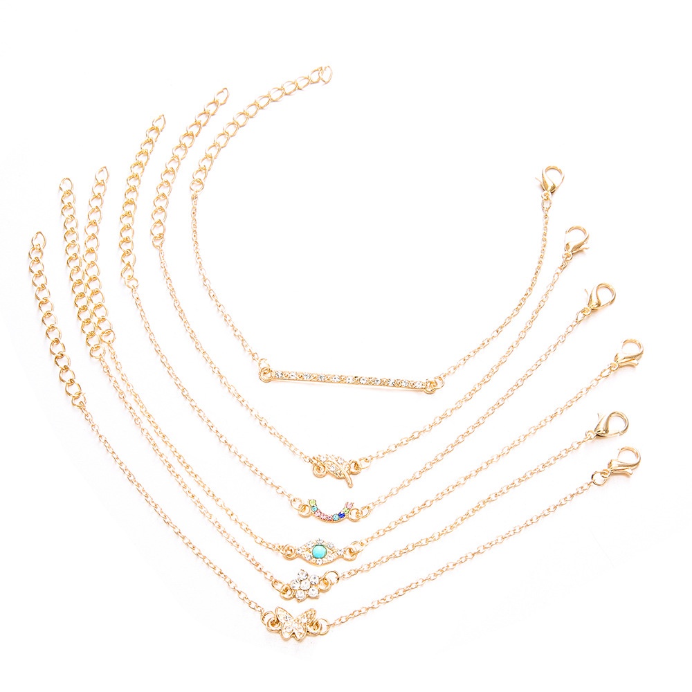 6pcs / Set Gelang Desain Kupu-Kupu Daun Mata Turquoise Aksen Berlian Gaya Simple Untuk Wanita