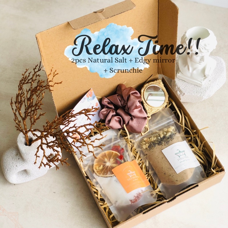 Orgnic&amp;Joy• Hampers Murah| Relax time (2pcs bath salt+scrunchie+mirror) Hampers lebaran,kado ultah,hampers ramadhan,souvenir,gift set