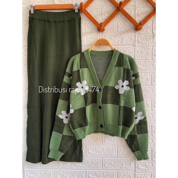 ONESET SETELAN ROK DAN KULOT CARDIGAN RAJUT RIRIN MOTIF BUNGA