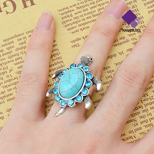 Naiveblue &gt; Cincin Motif Kura-Kura Aksen Turquoise + Berlian Imitasi Untuk Perhiasan Wanita