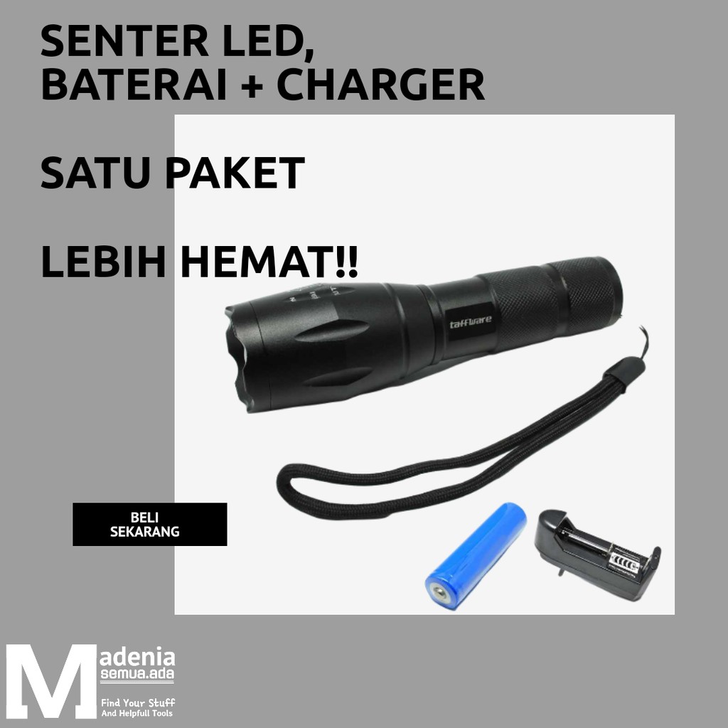 Senter LED Cree XM-L T6 + Baterai 18650 + Charger - E17 / Senter Satu Set dengan Baterai dan Cas