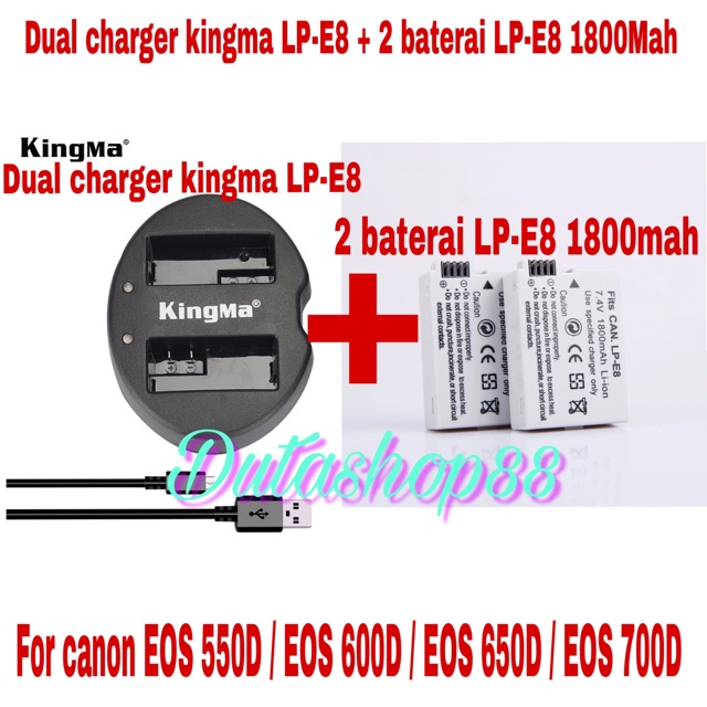 2 baterai canon LP-E8 + dual charger kingma for canon eos 550D / 600D / 650D / 700D