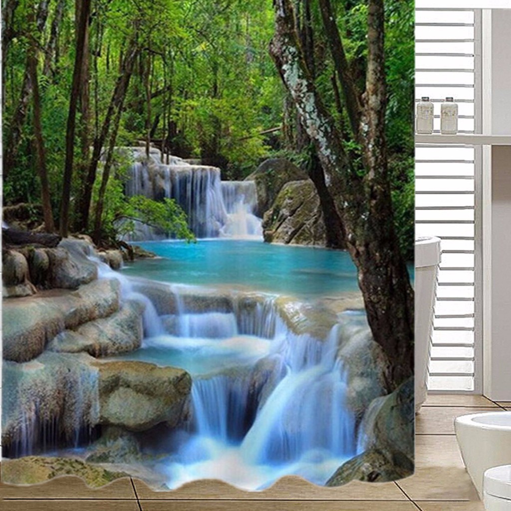 Wow Tirai Kamar Mandi Dengan Bahan Tahan Air Dan Gambar Pemandangan Air Terjun 3d 1 8x2m