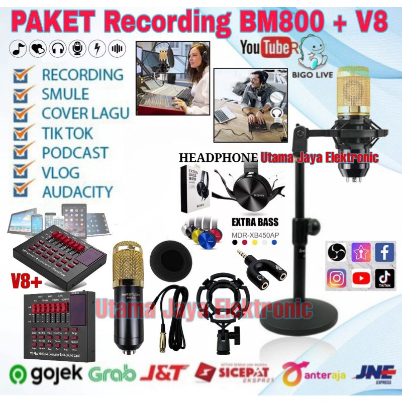 Paket Komplit Microphone BM800 Soundcard V8  Stand Meja Home Recording Terbaik