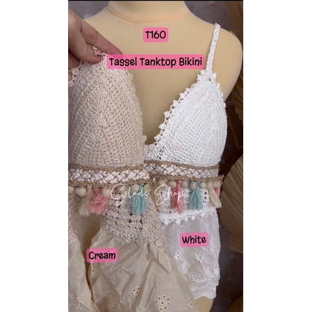 Baju Pantai sexy Tassel Bikini | T160 | Crochet Tanktop Rajut Pompom Woman Fashion Top Import Atasan Wanita