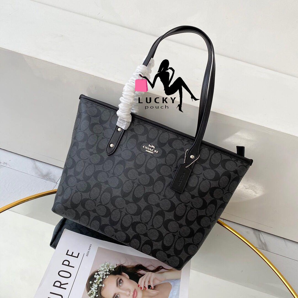 [100% ORIGINAL] Coach Tote Bag City Zip in Signature Black Grey F58292 - Tas Wanita