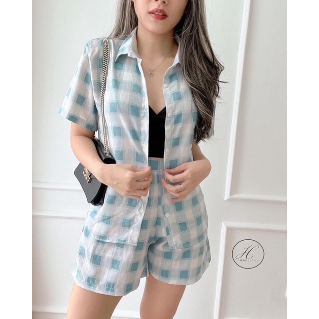 HERBEST 8915 SET SQUARE SANTAI SETELAN WANITA KOTAK KOTAK COTTON IMPORT