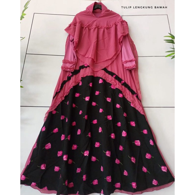 SET GAMIS SYARI BAJU MUSLIMAH CANTIK WOLFIS WOLVIS MONALISA MOTIF BUNGA TULIP BUSUI JUMBO KHIMAR PET