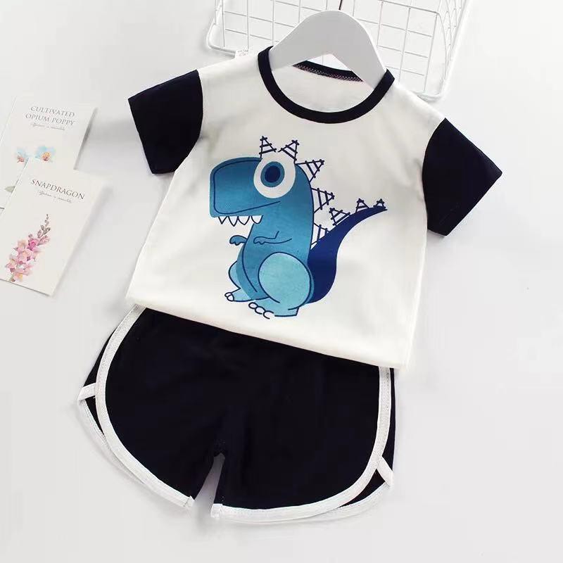 Goblin♛ PB047 COD Baju Jumper Anak bayi Romper Tidur Setelan Celana Pendek Piyama Santai Fashion Korea Import-DINO PUTIH