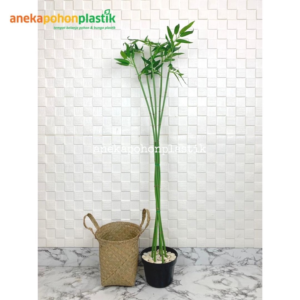 Tanaman Hias Daun Bambu Air Artificial Pot Dasar Hitam Anyaman Purun Dekorasi Ruangan Rumah