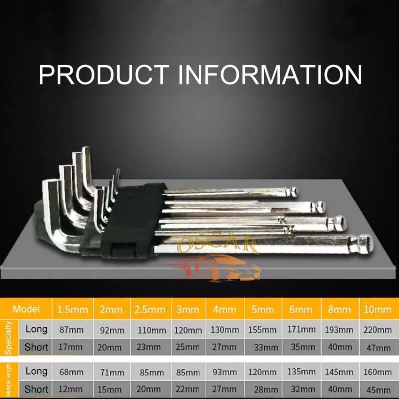Kunci L Panjang Set 9 PCS Ujung Bulat Hex Key Wrench Huidi Tools Pas Ukuran 1,5 2 3 4 5 6 8 10 mm