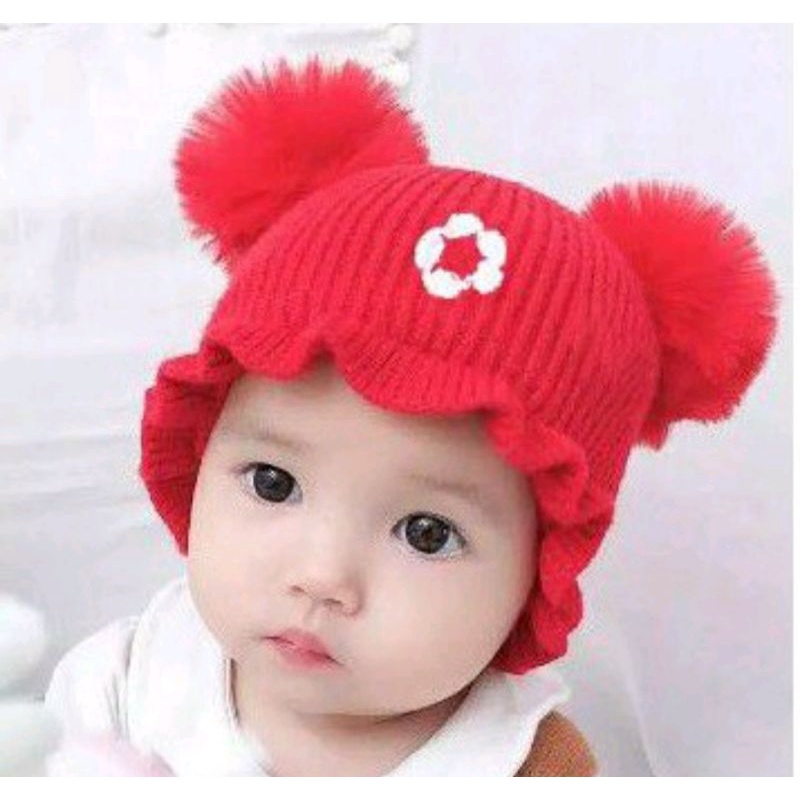 Kupluk Pompom Renda bunga /kupluk pompom baby gril