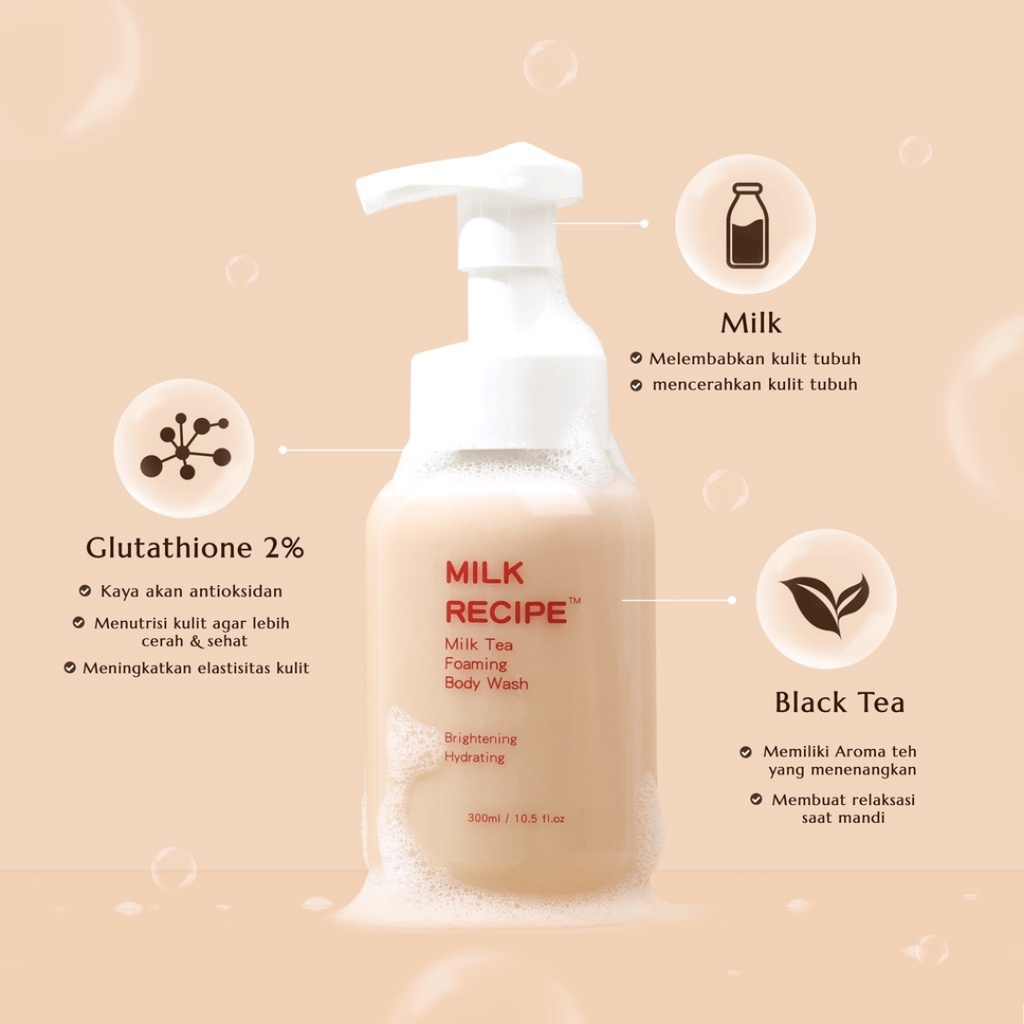 [ FREE GIFT ] Milk Recipe Milk Tea Foaming Body Wash, Sabun Mandi Milk Recipe Mencerahkan Original BPOM