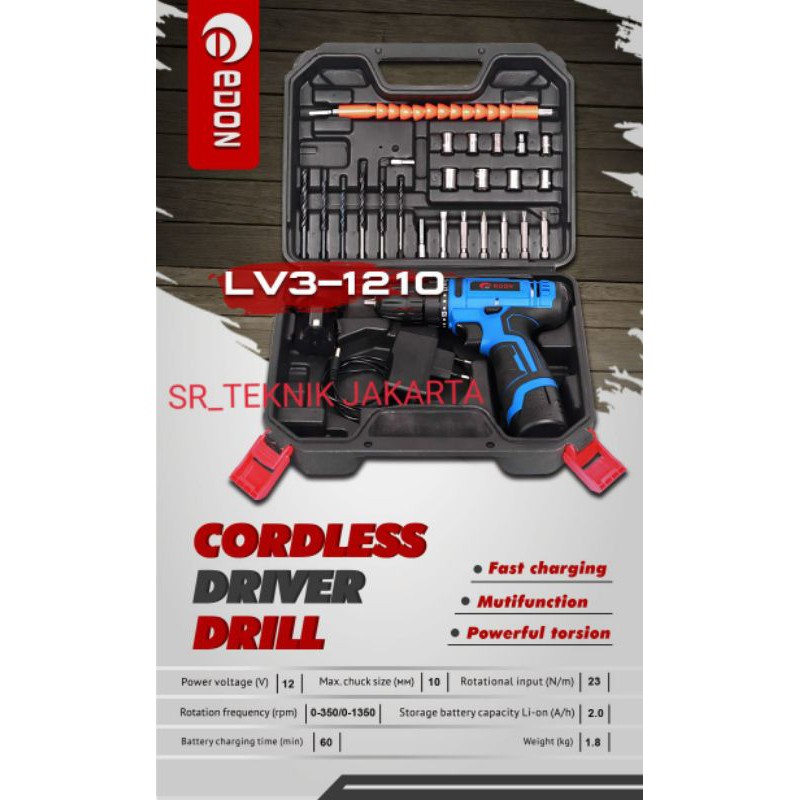 CORDLESS DRILL 12 V EDON (MESIN BOR CHARGER)