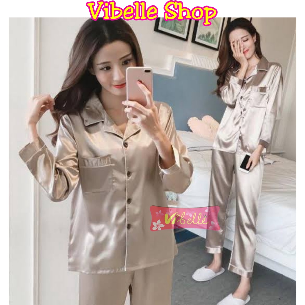 SATINPP - Vibelle Baju Tidur Piyama Satin Silky Velvet Premium Wanita-Mocca