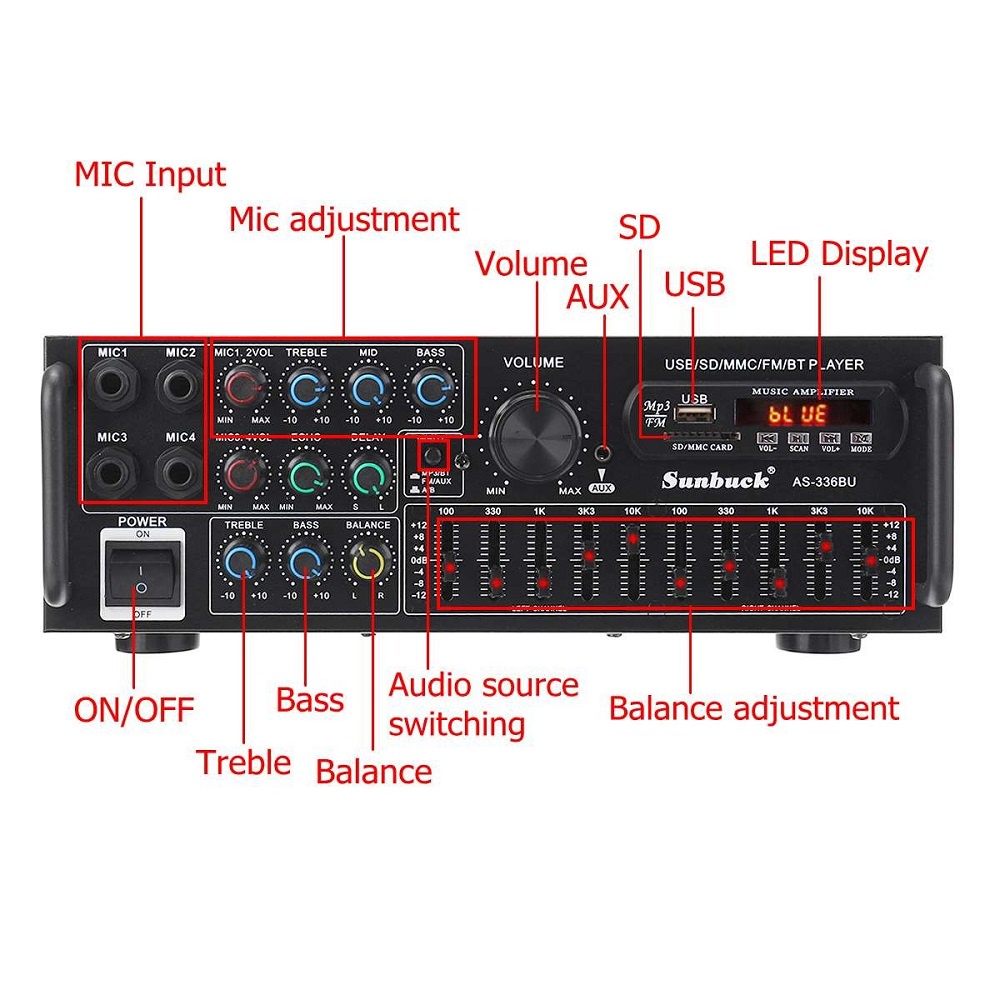 Audio Amplifier Bluetooth EQ Karaoke Home Theater FM Radio 2000W - AS-336BU - Black