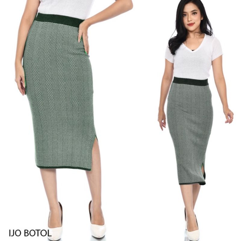 (RJ280) Rok knit midi skirt slit motif