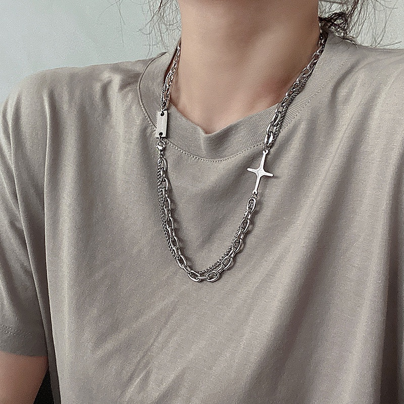 Kalung Rantai Salib Bahan Metal Warna Silver Gaya Hip Hop Korea Untuk Unisex