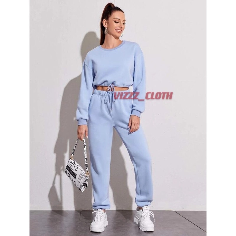 SET WANITA SWEATER CROP TALI SERUT + CELANA JOGGER TALI SERUT (BIGSIZE OVERSIZE ALLSIZE S-5XL)