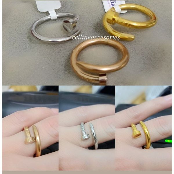 Cincin Titanium Model Paku Love Diamonds Artifisial Tersedia Warna Hitam , Gold dan Silver