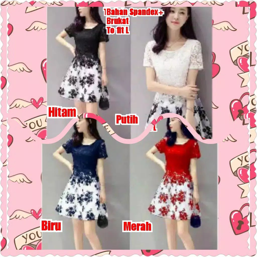 DRESS FLOWER BRUKAT / MERAH/BIRU/PUTIH/HITAM/KONDANGAN/TERPOPULER/TERLARIS/termurah