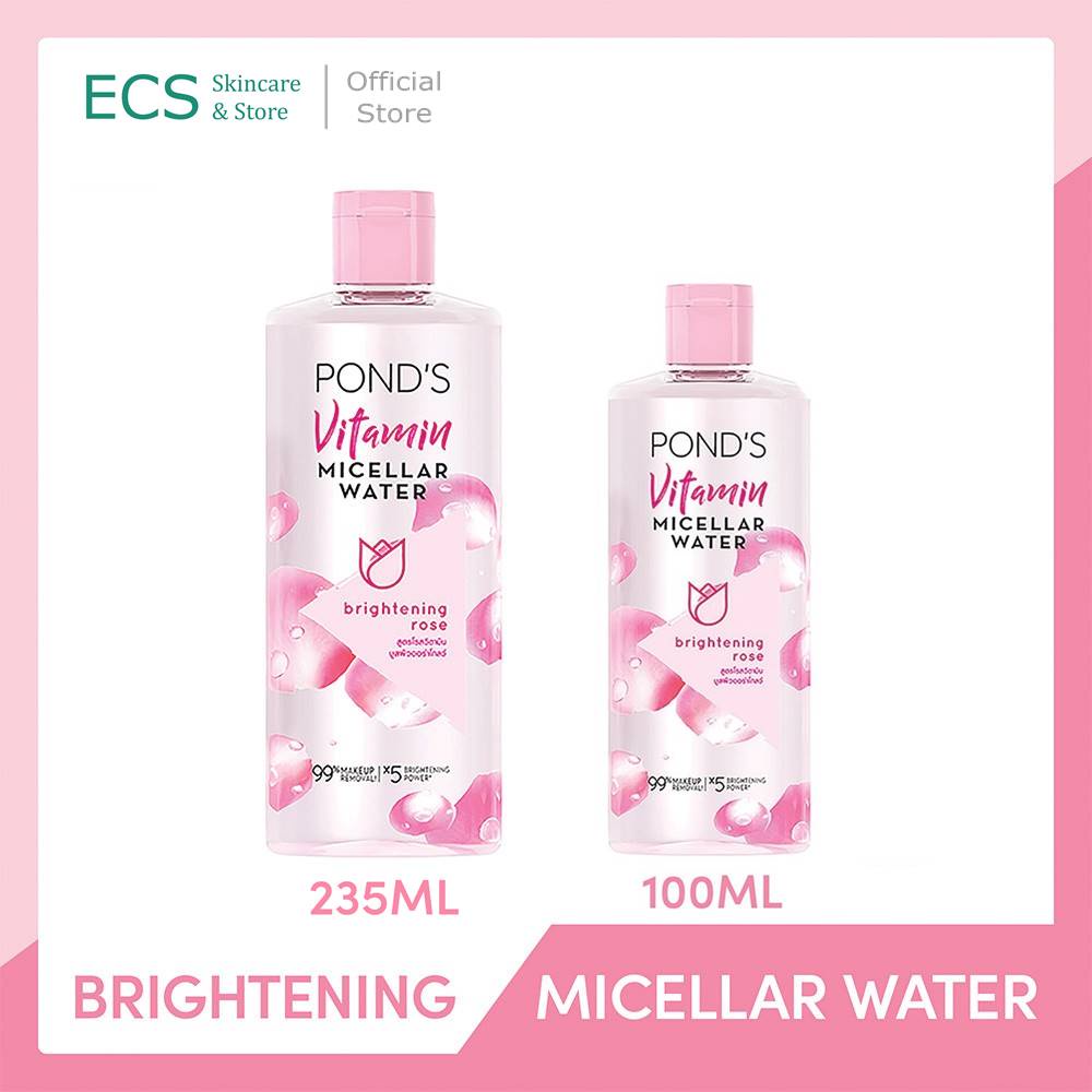 Pond's Vitamin MICELLAR WATER Makeup Remover Brightening Rose 235 ml / 100 ml / 55 ml - Dengan Niacinamide &amp; Vitamin C Untuk Semua Jenis Kulit - Pond Ponds - Membersihkan Kulit Wajah Make Up Micelar