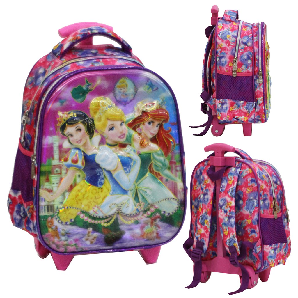 Tas Anak TK Trolley Import Princess 5D Timbul Hologram Dua Kantung