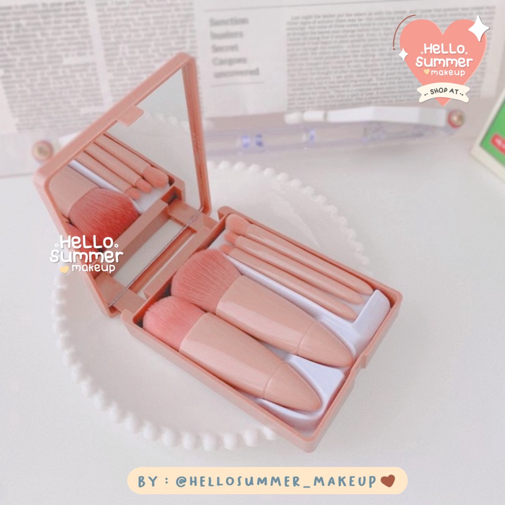 𝐌𝐀𝐊𝐄𝐔𝐏 𝐁𝐑𝐔𝐒𝐇 𝐒𝐄𝐓 - Choco Nude Portable Brush Set 5pcs dengan Box Pink Dengan Kaca High Quality Brush