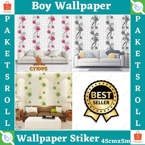 ( BAYAR DITEMPAT ) - PAKET WALLSTIKER ( DAPAT 5ROLL) WALLPAPER STIKER DINDING BAHAN PVC PREMIUM HIGH QUALITY MOTIF BUNGA HIJAU / BUNGA MERAH / BUNGA HITAM MODERN BEST SELLER ( BUY 4 GET 1 FREE ) - CY1074