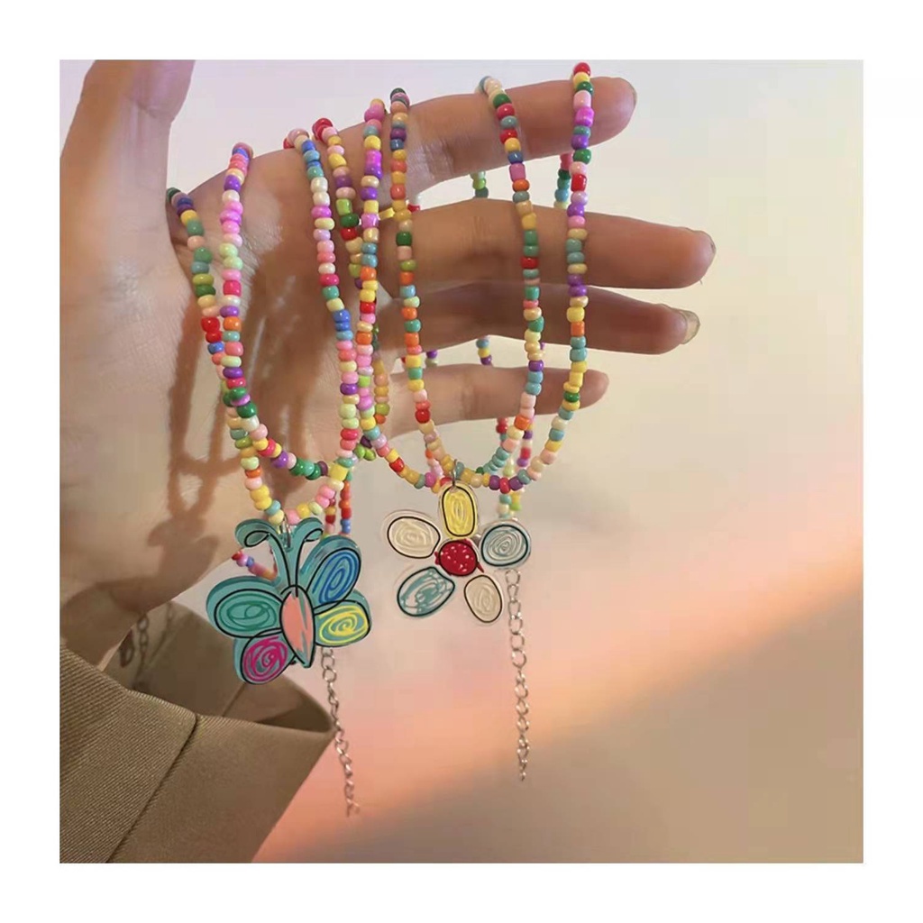 YEEZII Fashion Beads Necklace Colorful Butterfly Flower Pendant Chain Necklaces Bohemian Multilayer Choker Necklace for Women Accessories Jewelry