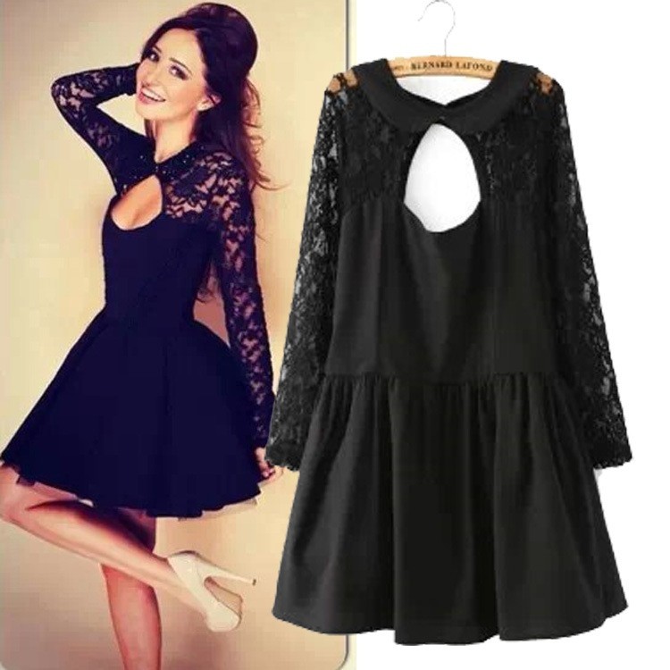 2992223 Dress Black Sexy Lace Dress (S,M,L)  Lace, soft chiffon, gauze, back zipper