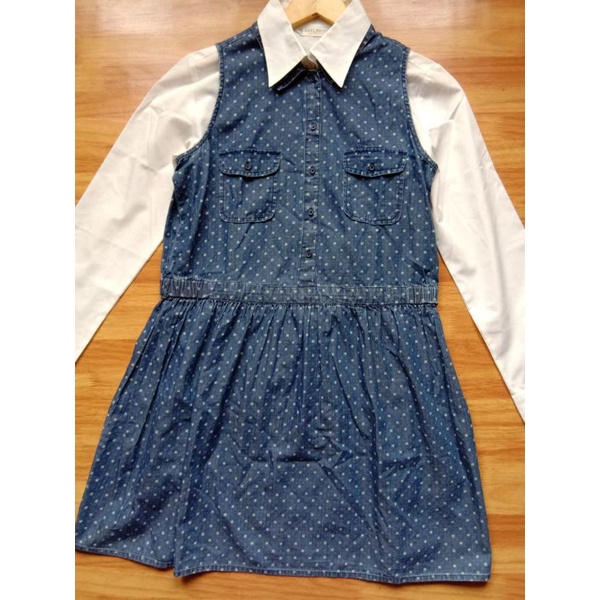 [COD] ONE SET 2IN1 KEMEJA + OVERALL JEANS POLKA BRAND | 2IN1 DRESS KOREAN STYLE | MIDI DRESS OVERALL