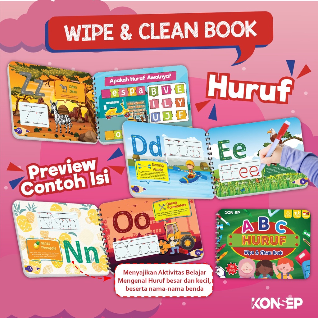 Konsep Wipe Clean Book ABC Huruf Buku Edukasi Anak Belajar Menulis Membaca Anak Paud TK Toodler