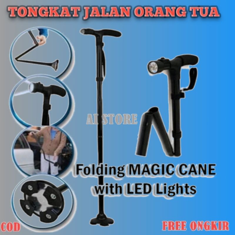 Tongkat Jalan Orang tua Alat Bantu Jalan Orang Tua Tongkat Jalan Lipat Lampu LED Trusty Cane ORI/Magic Cane With LED