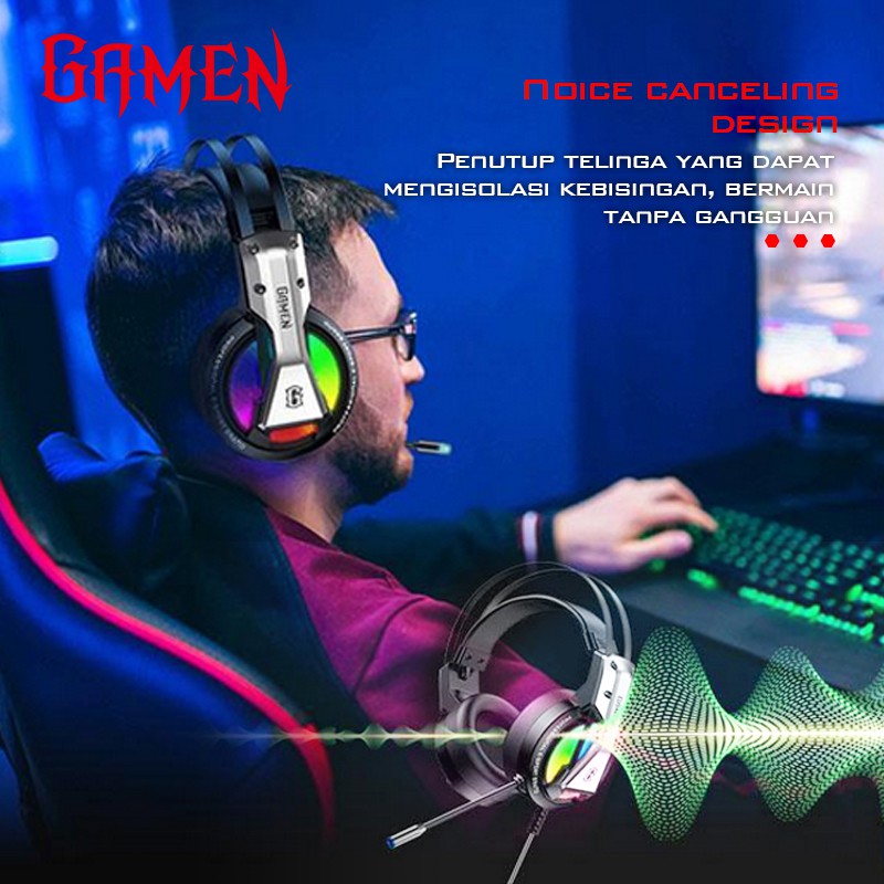 GAMEN GH1500 3.5mm Audio Jack Input RGB LED Light Braided Wire Gaming Headset Black-Garansi